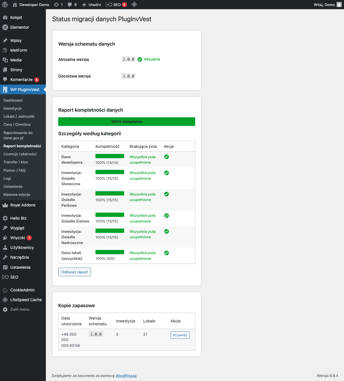 Status migracji danych PlugInvVest — wersja schematu 2.0.0, 100% kompletności, kategorie: dane dewelopera, inwestycje, dane lokali, kopie zapasowe.