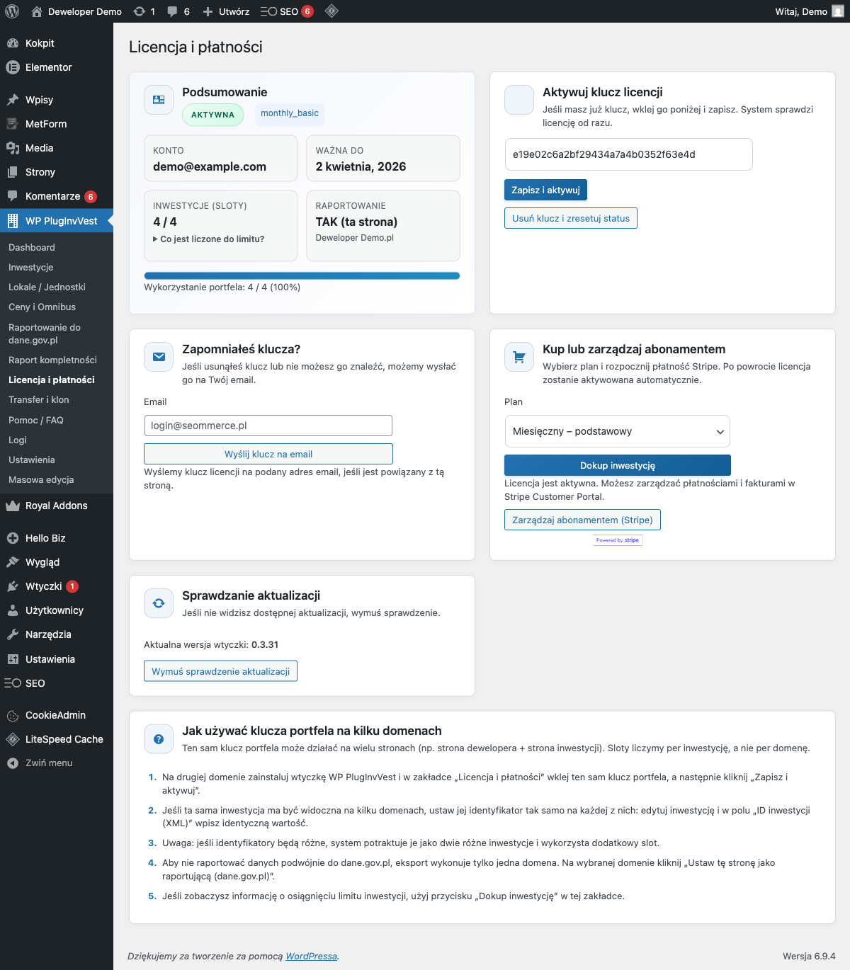Ekran licencji i płatności — podsubumowa Monthly Basic, ważna do 2 kwietnia 2026, klucz licencji, lista domen i przycisk zakupu/zarządzania abonamentem.