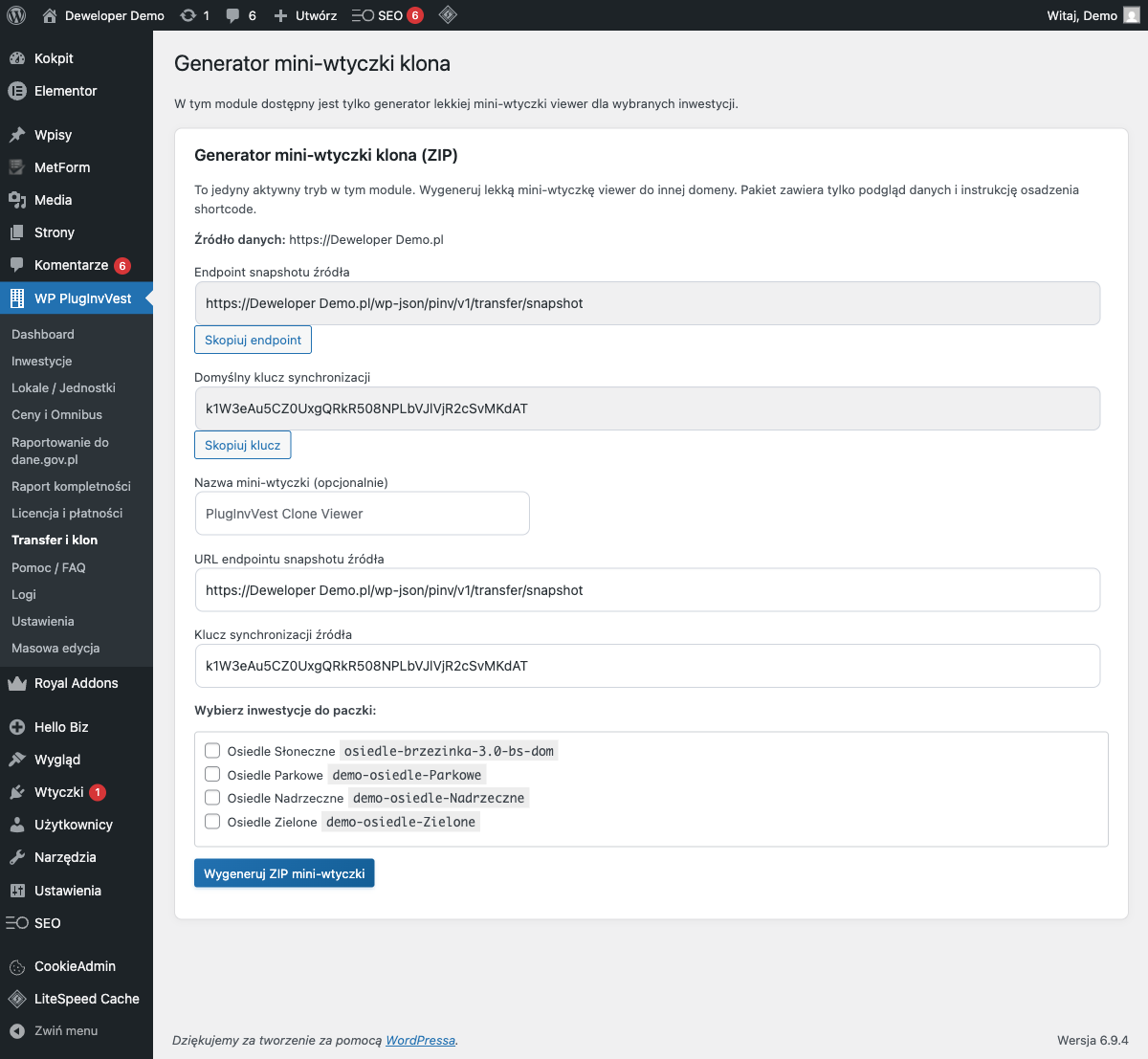 Ekran Transfer i klon — generator mini-wtyczki ZIP, snapshot źródłowy, URL źródłowy i docelowy, lista inwestycji do wyboru.