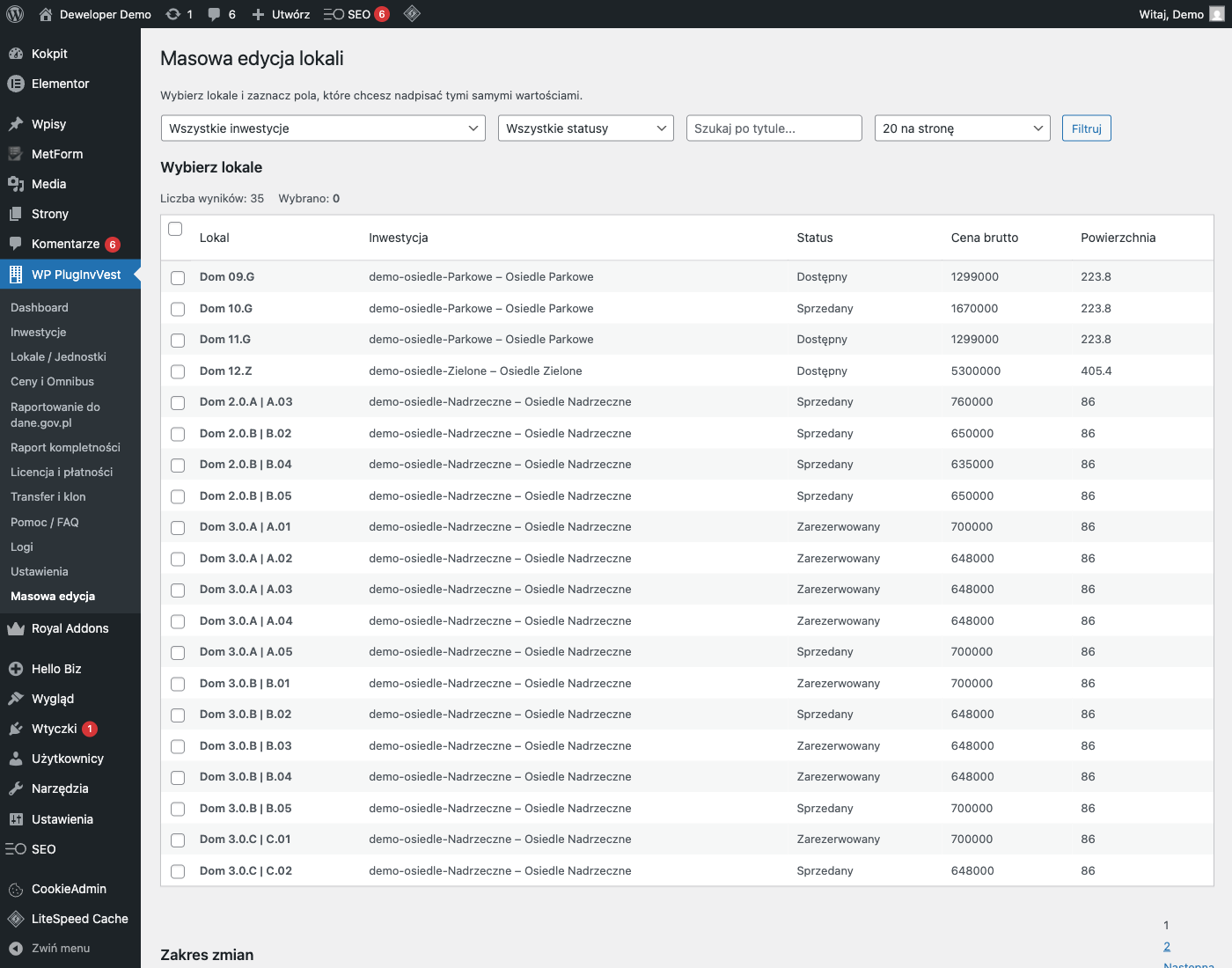 Ekran masowej edycji lokali — filtry po inwestycji i statusie, tabela z 20 lokalami do edycji naraz, kolumny: tytuł, inwestycja, status, cena brutto, powierzchnia.